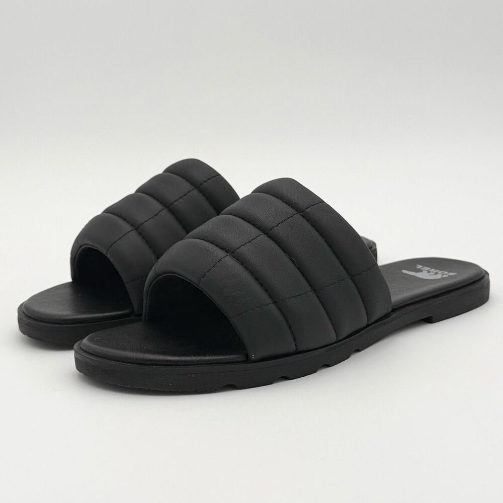 Sorel Ella III Quilted Puff Leather Black Slides - US Women’s Size 9 / EU 40 //